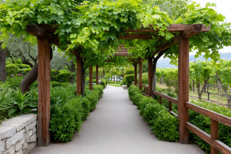 Pathway with grape vines growing on a wooden pergola structure, leading to a vineyard, creating a peaceful and inviting atmosphereの素材