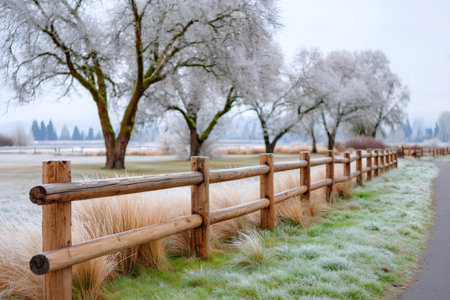 Split rail fence protecting a frosty field with frosted trees in the background during a cold winter dayの素材