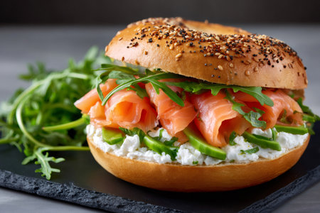 Fresh bagel with cream cheese, smoked salmon, avocado and arugula, making a healthy and delicious breakfast or brunchの素材
