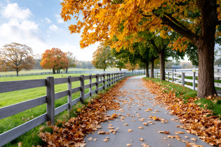 Beautiful pathway covered with fallen leaves leading to a farm in autumnの素材