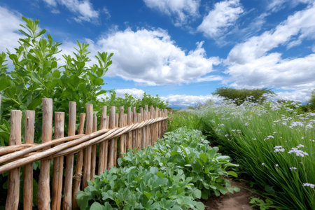 Beautiful vegetable garden with wooden fence under a cloudy blue summer skyの素材