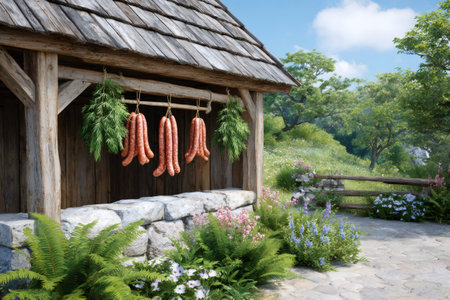 Sausages hanging and drying under wooden roof of small country house with stone wall and flowers in mountain landscape during sunny summer dayの素材