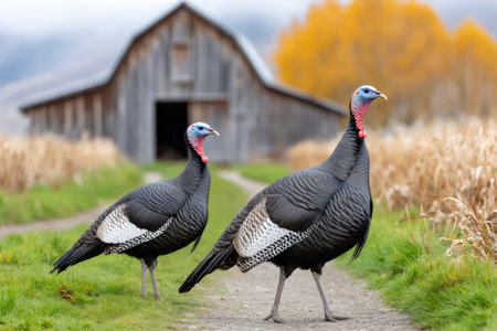 Two wild turkeys walking on a path near a barn in autumnの素材