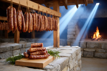 Delicious smoked sausages hanging and arranged on a wooden board in a traditional smokehouse with a fireplaceの素材