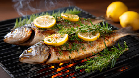 Two delicious fish grilling on barbecue grill seasoned with lemon slices, rosemary and herbsの素材