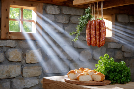 Delicious sausages hanging in a smokehouse with sun rays shining through the window and sliced bread on a wooden tableの素材