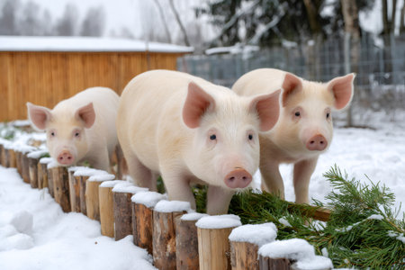 Three piglets standing behind wooden fence with pine branches and snow in winter at farmの素材