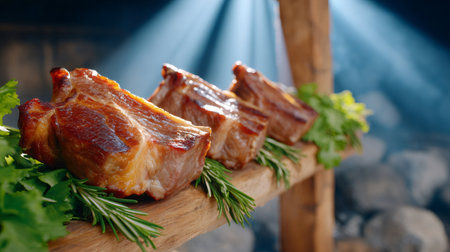 Delicious grilled pork ribs with herbs on wooden board, perfect for restaurant menus or food blogsの素材