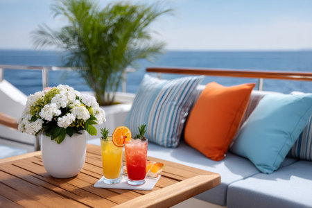 Two cocktails and white flowers are placed on a wooden table on the deck of a yacht, creating a relaxing atmosphereの素材