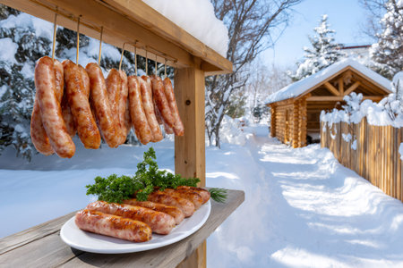 Delicious grilled sausages are hanging and lying on a wooden stall in a snowy winter landscape, creating a cozy and appetizing sceneの素材