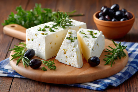 Block of fresh feta cheese seasoned with herbs and served with black olives on a wooden boardの素材
