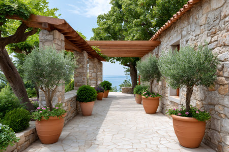 Beautiful terrace with olive trees, pergola and stone walls overlooking the sea, creating a relaxing Mediterranean atmosphereの素材