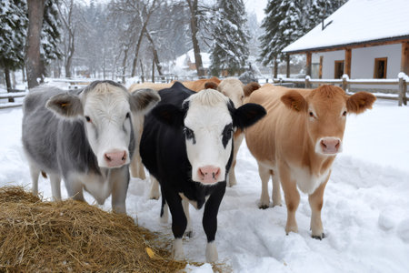 Group of young calves standing in the snow near a haystack during winter on a farmの素材