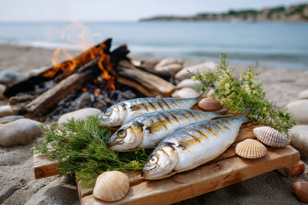 Three grilled fish on wooden board with seashells and bonfire burning on sandy beach by the seaの素材