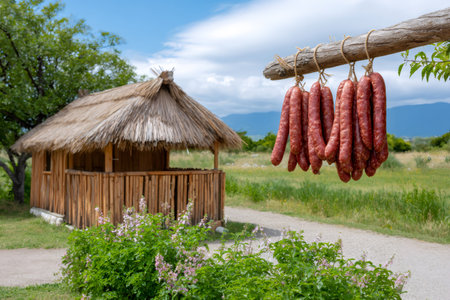 Several homemade sausages hanging and drying in the sun in a rural landscape with a wooden hutの素材