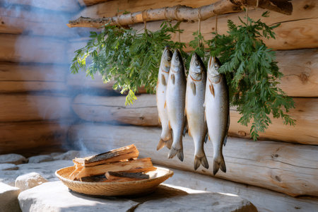 Freshly caught fish are being smoked and dried near a wooden cabin, using traditional methodsの素材