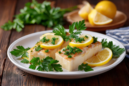 Two cod fillets baked with lemon slices and fresh parsley lying on a white plate on a wooden tableの素材