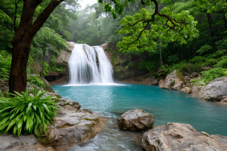 Breathtaking waterfall flowing into a vibrant turquoise pond, surrounded by lush vegetation and large rocks in a serene forest settingの素材