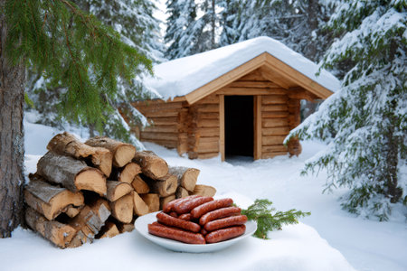 Sausages ready to be grilled near a pile of firewood and a wooden hut in a snowy forestの素材