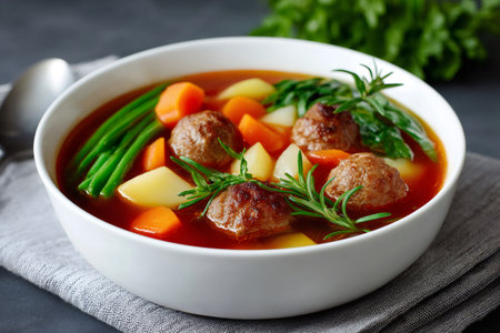 Close-up of a hearty and comforting tomato soup with meatballs, vegetables and rosemary, perfect for a chilly dayの素材