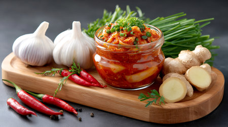 Fermented Korean food kimchi with garlic, ginger, chili peppers and chives on wooden cutting boardの素材
