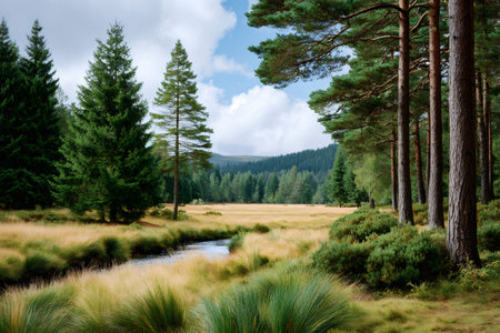 Wonderful landscape showing a small river flowing through a meadow surrounded by pine and fir trees in a coniferous forestの素材