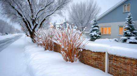 Snow covering bushes and wicker fence in a residential neighborhood during winterの素材