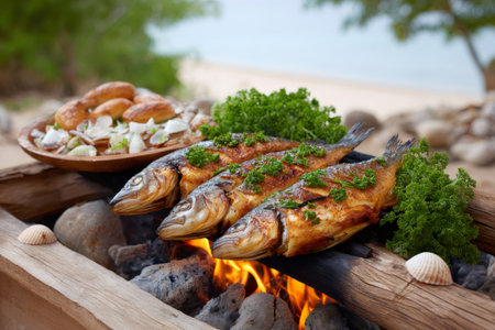 Three grilled fish seasoned with parsley, cooking on burning wood logs, with side dish and blurred beach backgroundの素材
