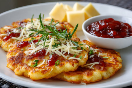 Potato pancakes are served on a white plate with grated cheese, cranberry sauce and rosemaryの素材