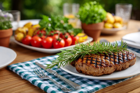 Two delicious grilled steaks with rosemary served on a white plate on a wooden table with vegetables during a barbecueの素材