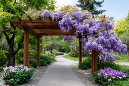 Wisteria floribunda growing on a wooden structure in a garden creating a picturesque walkwayの素材