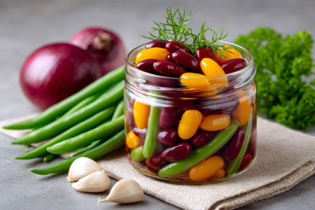 Glass jar full of red beans, yellow beans, and green beans, garnished with dill, healthy winter food preservingの素材