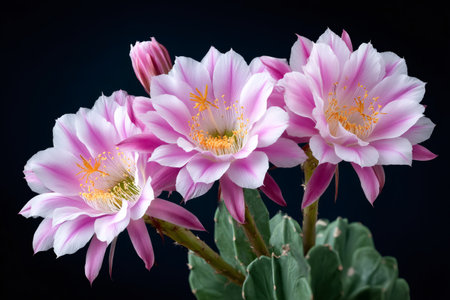Blooming Echinopsis hybrid cactus flowers displaying vibrant pink and white petals against a dark backgroundの素材