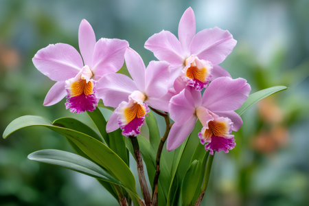 Pink Cattleya orchid flowers are blooming, showcasing their vibrant colors and delicate petals in a botanical garden settingの素材