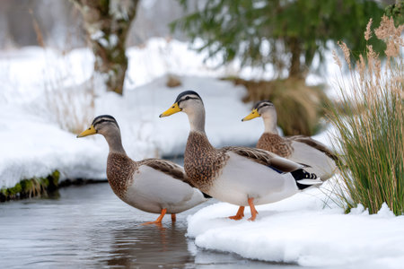 Three ducks standing on the snowy bank of a river in winterの素材