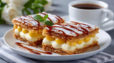 Two slices of mille-feuille cake with custard and caramel topping are sitting on a white plate with a cup of coffee and a bouquet of white roses in the backgroundの素材