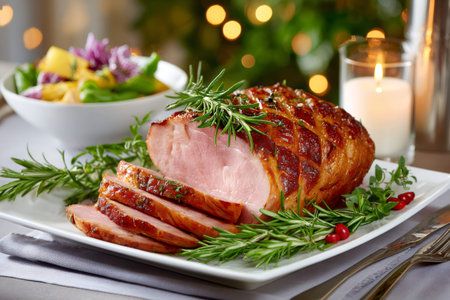 Sliced christmas baked ham served on white platter garnished with rosemary sprigs with candlelight illuminating festive bokeh backgroundの素材