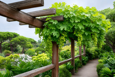 Bunches of green grapes hanging from a wooden pergola in a lush gardenの素材