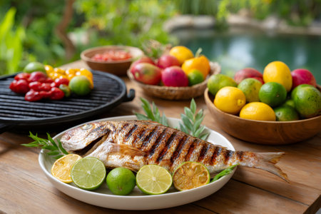 Enjoying grilled fish with lemon and lime slices, tropical fruits and vegetables by the pool during summer vacationの素材