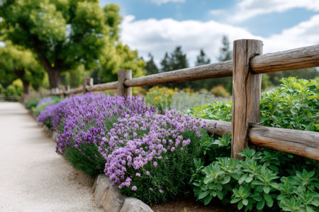 Lavender and other aromatic plants growing next to a wooden fence in a botanical gardenの素材