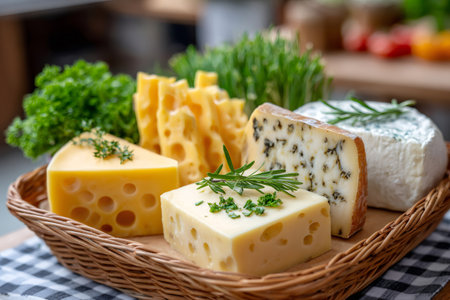 Different sorts of cheese like swiss cheese, blue cheese and white cheese are arranged together with fresh herbs on a wicker plateの素材