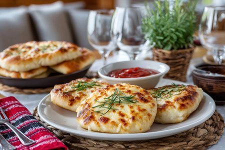 Khachapuri, a traditional Georgian dish, served with tomato sauce on a table prepared for celebrationの素材