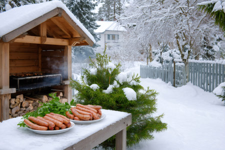 Sausages grilling on a barbecue in a snowy backyard during winter, with plates of cooked sausages and herbs on a tableの素材