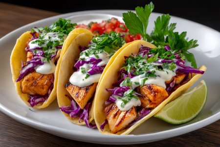 Three delicious tacos are laying on a white plate, garnished with red cabbage, white sauce, coriander and limeの素材