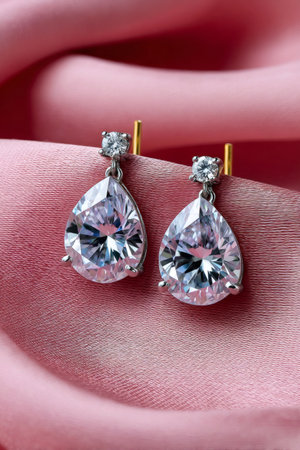 Elegant teardrop diamond earrings sparkle on a luxurious pink satin background, capturing the essence of luxury and styleの素材