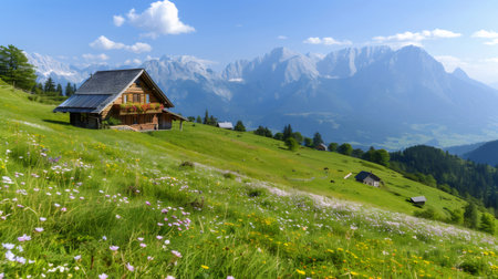 Idyllic alpine landscape showing wooden mountain hut with solar panels on grassy meadow with wildflowers and Dachstein mountain range in backgroundの素材