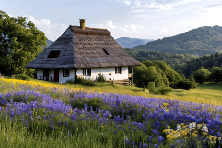 White rural house with thatched roof surrounded by colorful wildflowers and green trees in the mountainsの素材