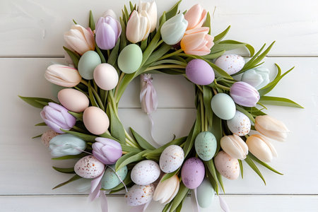 Easter wreath decorating a white wooden background with colorful tulips and eggsの素材