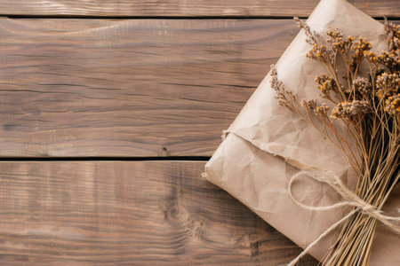 Gift wrapped in brown paper and decorated with dried flowers placed on a wooden table, creating a rustic and minimalist aestheticの素材