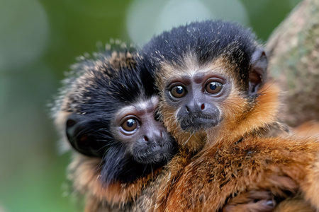 Two juvenile monk saki monkeys huddling, symbolizing family affection and bondingの素材